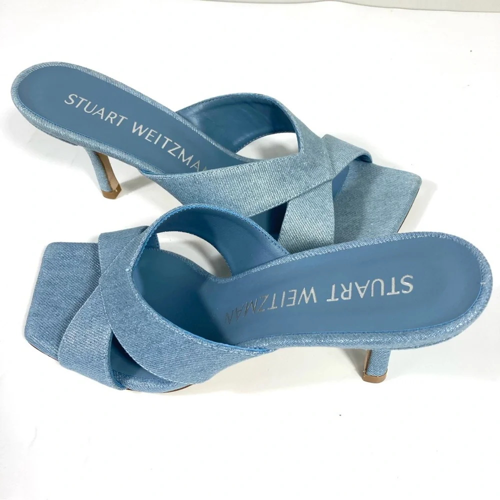 Stuart Weitzman Carmen 75 Heel Slide Sandals Blue Denim 8 NEW - Picture 15 of 17